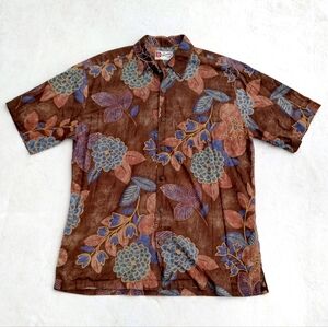 Hilo Hattie Men's Hawaiian Button Up Floral Brown Short Sleeve Shirt Size Large